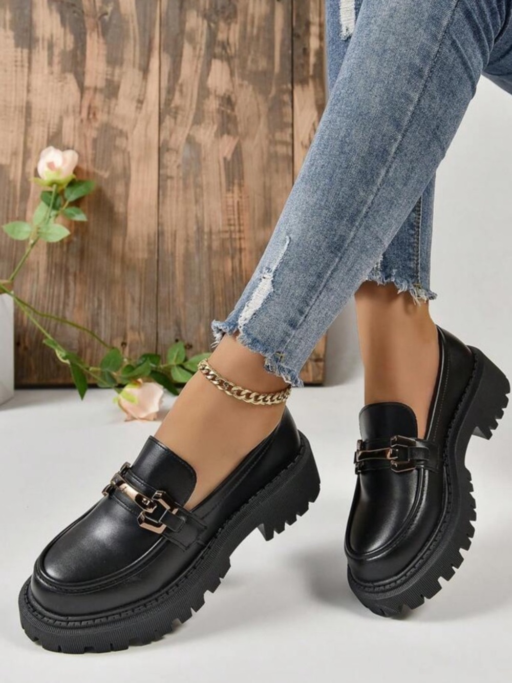 Black Chunky Platform Loafers with Gold Hardware - 9.5 - Picture 4 of 6